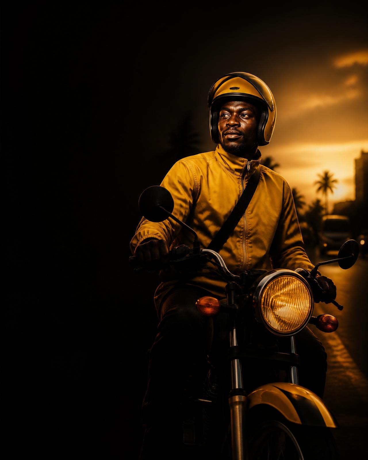 Ryda Okada driver in amber helmet at golden dusk in Accra